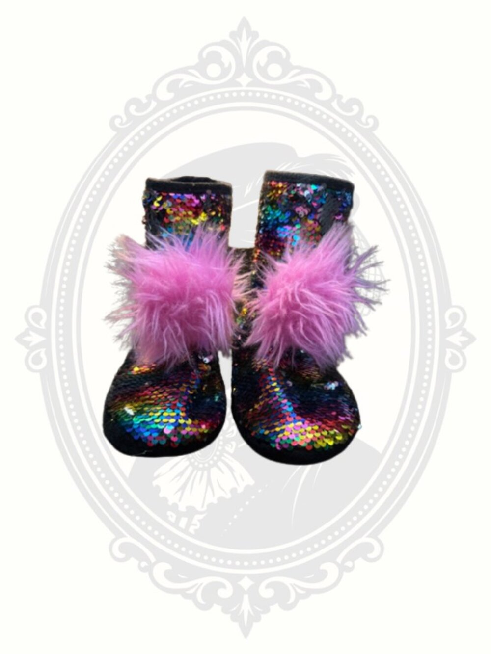Justice Rainbow Sequin Slipper Boots Girls Size 2/3 Pink Pom Poms Cozy Indoor